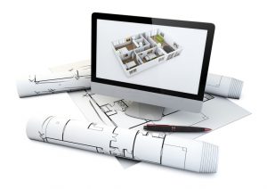 actual flat design concept: computer with a house plan on the screen over plots and architecture draws isolated on white