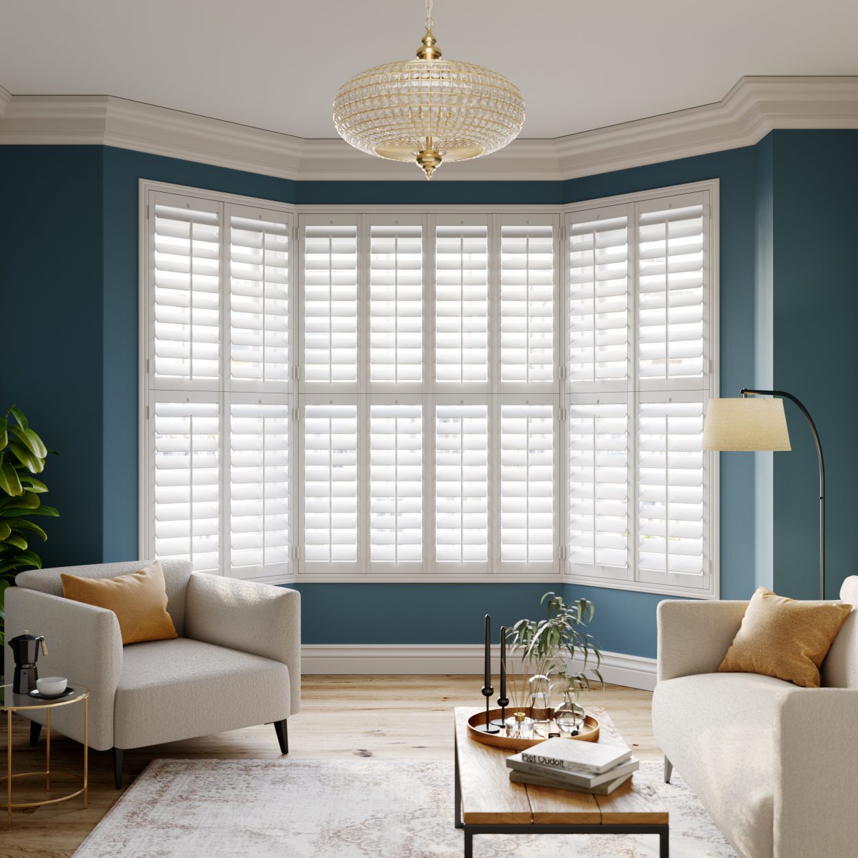 White shutters in a bay window, set against a teal wall